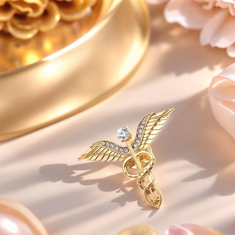 QIAN0813 Medical Symbol Caduceus Stethoscope RN Nursing Badge Brooches Lapel Pin for Registered Nurse Doctor Rod Of Asclepius Emergency Brooch Jewelry (Angel Wing-Gold) - Image 5